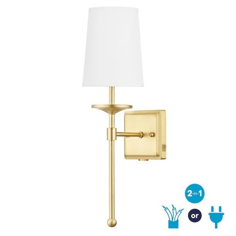 Allen + Roth Eubanks Wall Sconce Brushed Brass White Shade 2-in-1 Plug-In